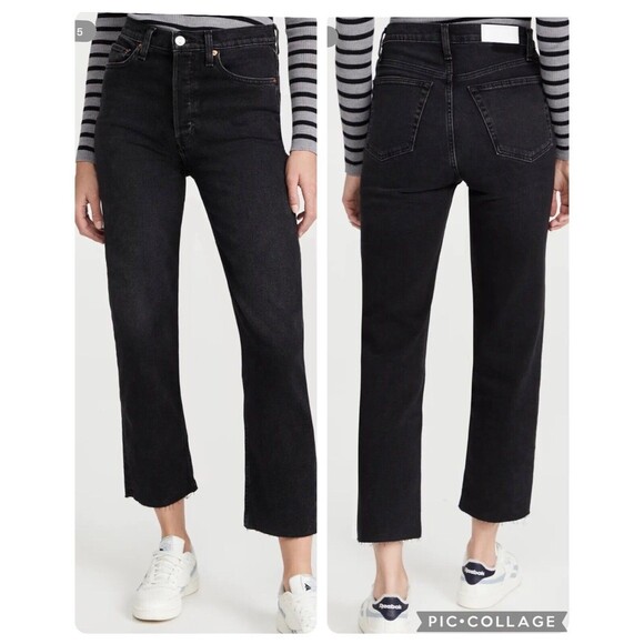 Re/Done 70s Stove Pipe High Rise Jeans Black Ankle Raw Hem NWT Sz 32 / 14 - Picture 5 of 16
